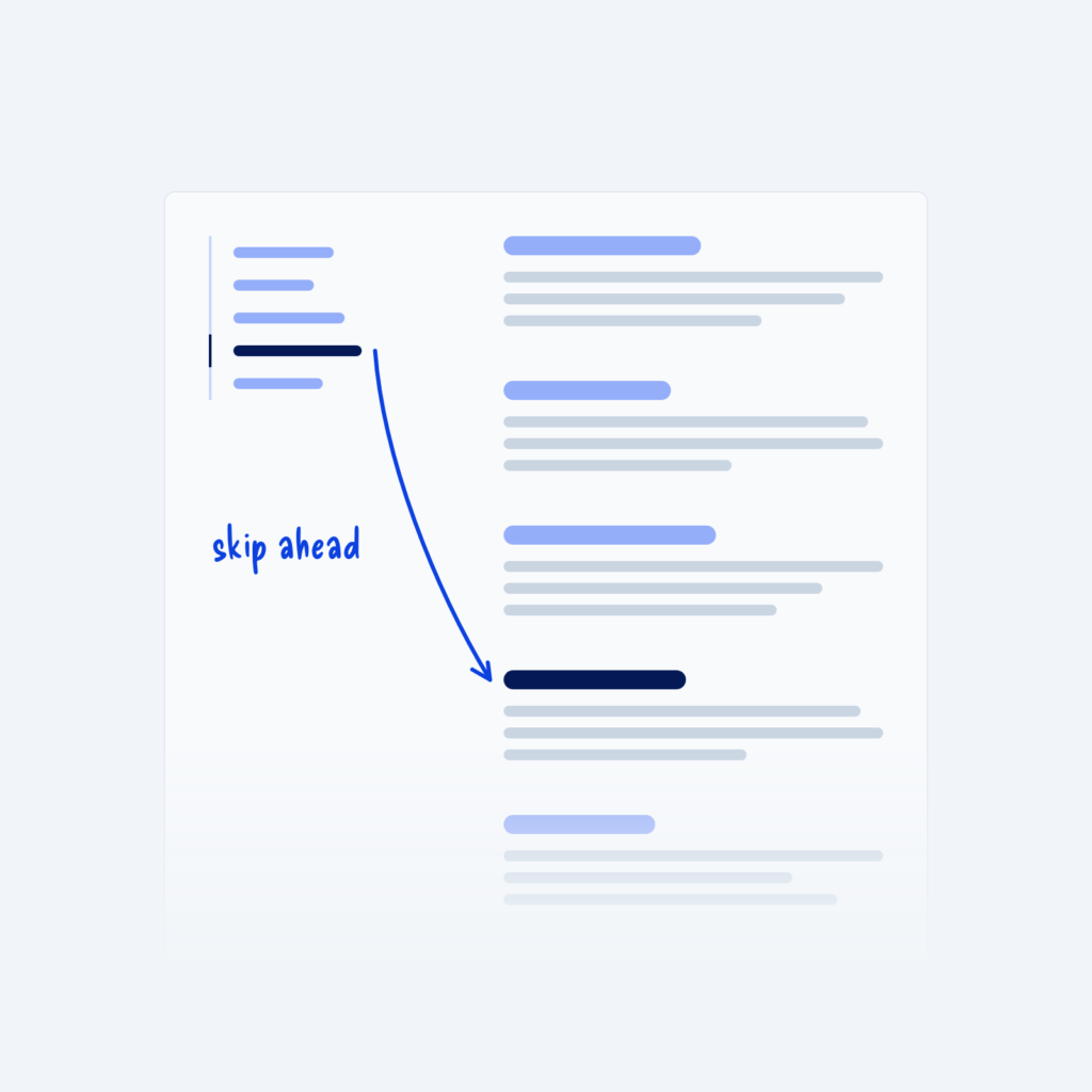 A long article with a table of contents on the left. An arrow runs from one highlighted link to its matching section further down the page, labeled skip ahead.