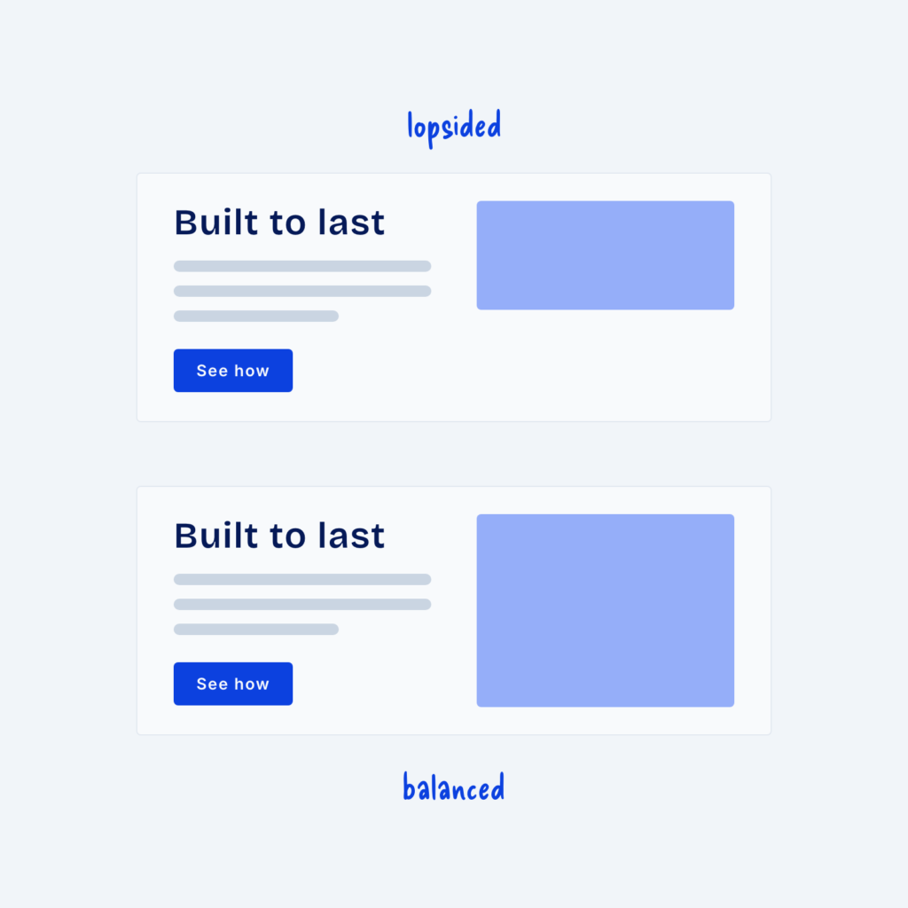 Two split sections with the same text. In the top one, labeled lopsided, the image is shorter than the text. In the bottom one, labeled balanced, the image matches the height of the text.