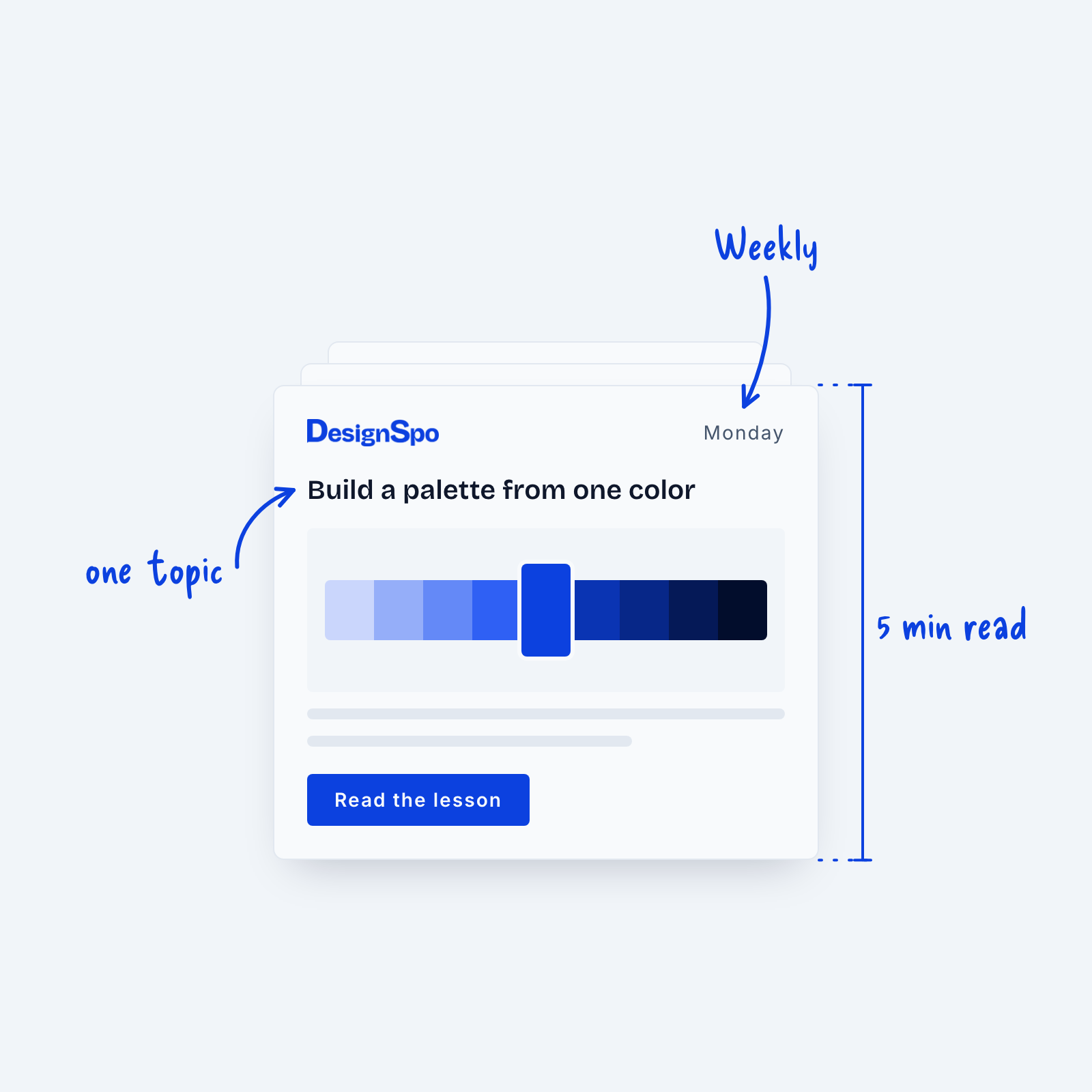 A DesignSpo lesson email about building a palette from one color, labeled Weekly, one topic, and 5 min read.