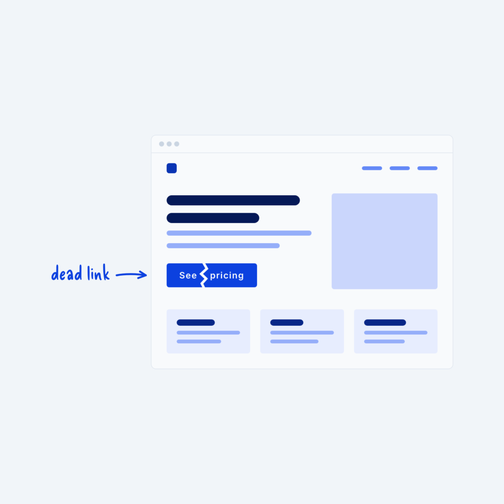 A website wireframe in a browser window with a crack through the See pricing button, labeled dead link.