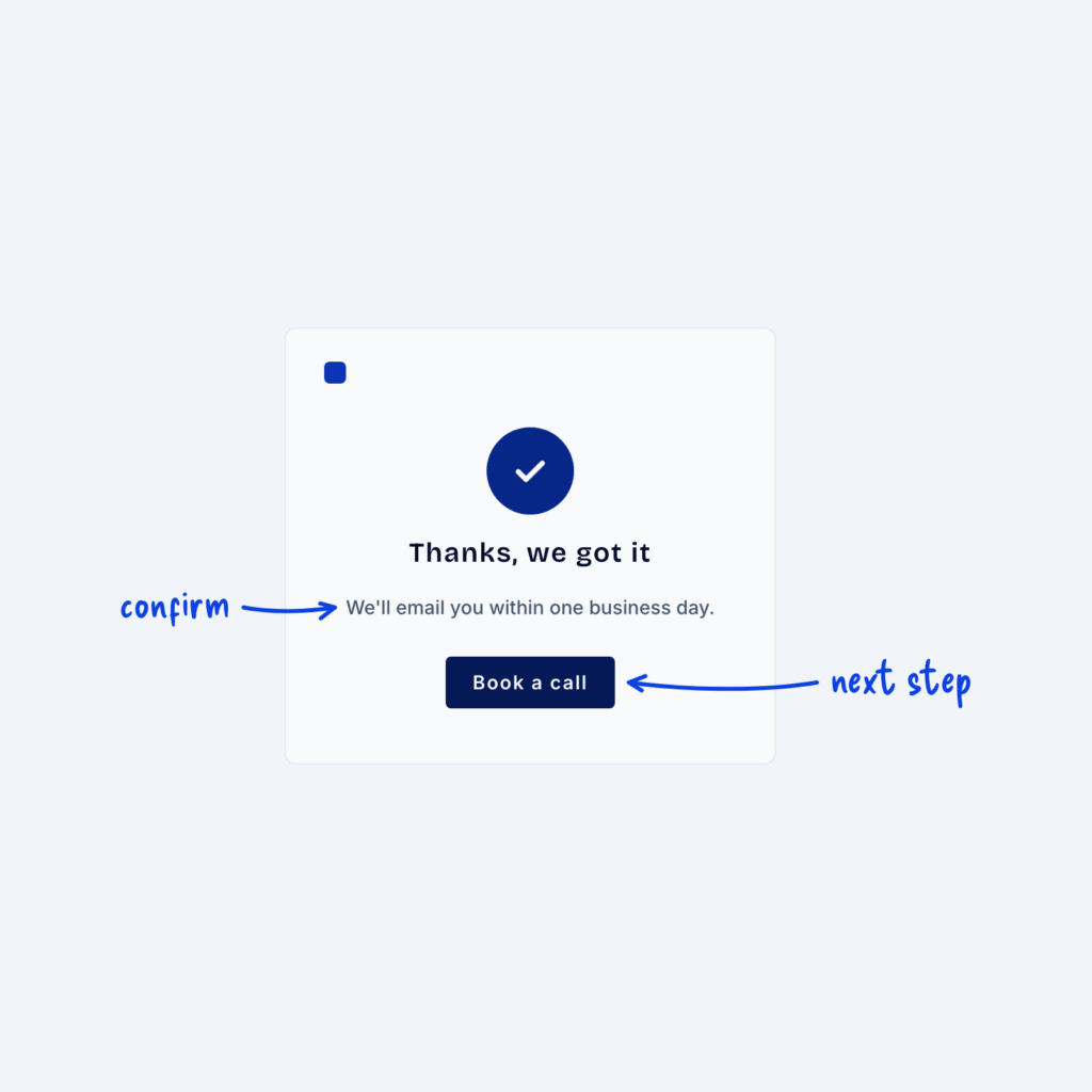 A thank-you page with a check mark, a short confirmation line and a single Book a call button, labeled confirm and next step.